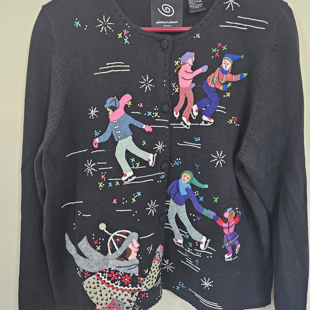 Michael Simon Black Cardigan with Colorful Skating Scene Vintage